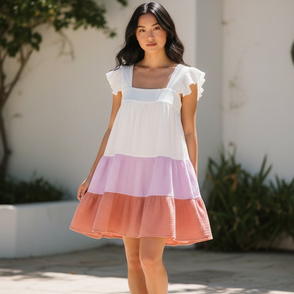 Vici Babydoll Tiered Dress Small White Lavender Terracotta Colorblock Gauze Mini - Picture 2 of 13